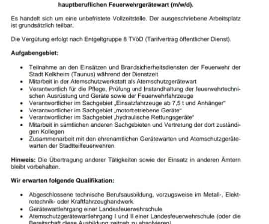 Stellenausschreibung – hauptberuflicher Feuerwehrgerätewart