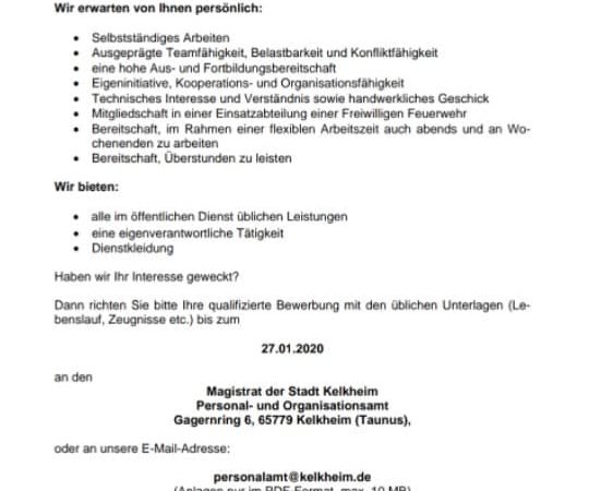 Stellenausschreibung – hauptberuflicher Feuerwehrgerätewart